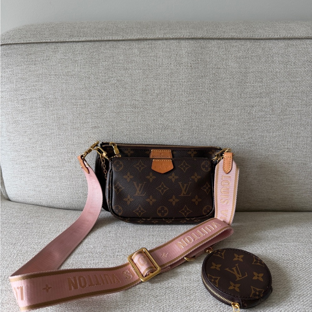 Louis Vuitton Brown Monogram Multi Pochette with Pink Strap